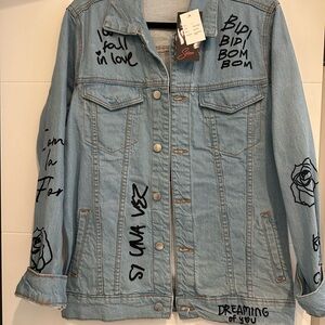 Light Wash Denim Jacket with Black Script & Rose Graphics